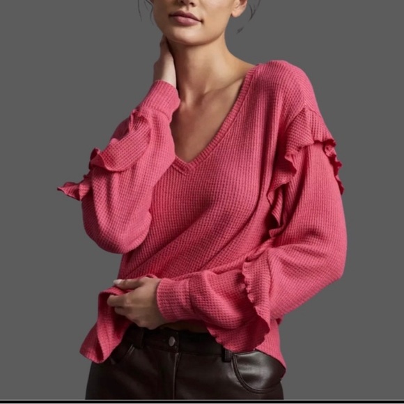 🌺 Anthropologie Pilcro Waffle Knit Wide V-Neck Slouchy Ruffle Top Pink Size Med - Picture 17 of 17